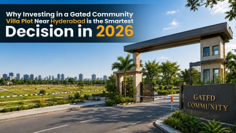 Modern gated community villa plots near Hyderabad with landscaped roads, security entrance gate, green surroundings, and city skyline in the background, showcasing premium residential investment opportunities in 2026.